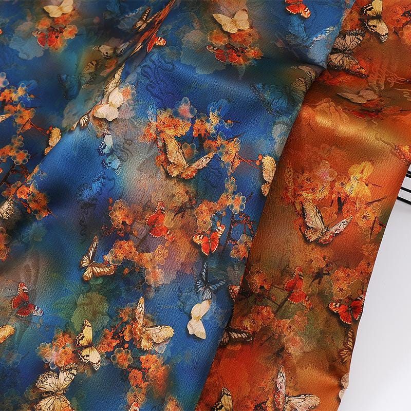 Butterfly Print Tea Silk Satin Fabric - 59"W Upholstery & Costume