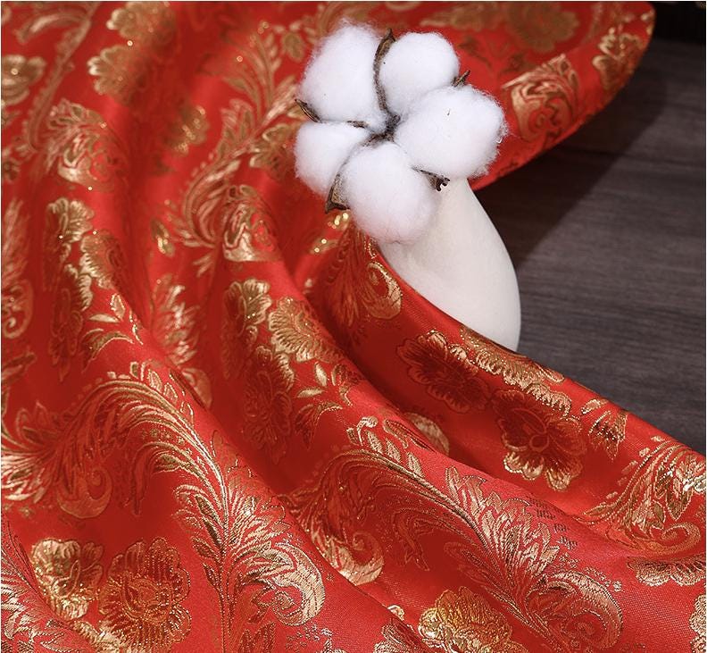 Red & Gold Phoenix Jacquard Satin Brocade Fabric - Chinese Wedding Dress