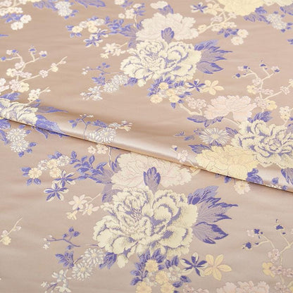 Tissu brocart pivoine : mélange de soie à motif floral rose doré, 140 cm de large