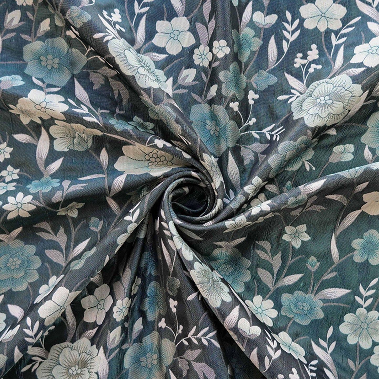 Japanese Floral Rayon Cotton Fabric: Blue Kimono Upholstery, 64"W