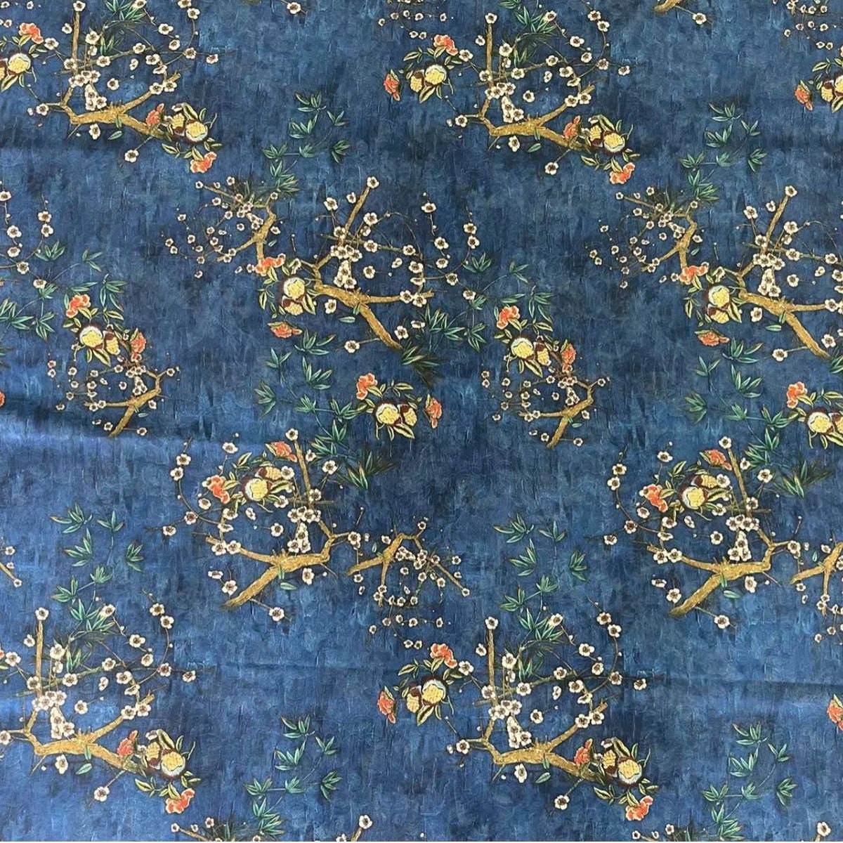 Tissu en soie bleu sarcelle effet thé : satin imprimé floral, 150 cm de large