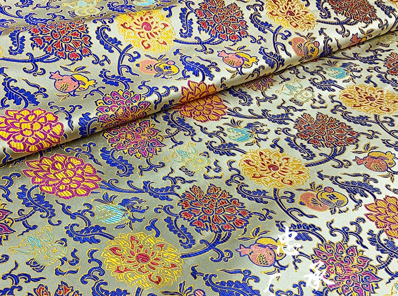 Lotus Silk Brocade Fabric: Colorful Cheongsam Qipao Material, 29.5"W