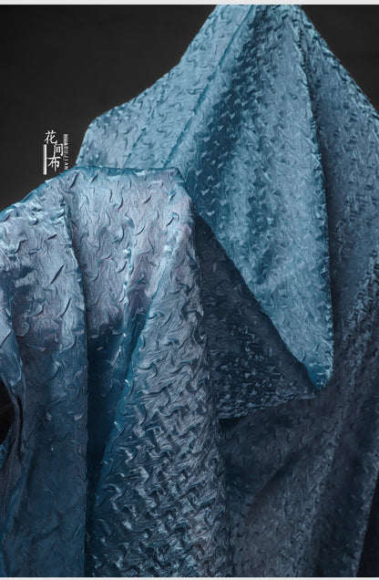 Sea Blue Crepe Mesh Fabric, 3D Wavy Pleated Designer Fabric