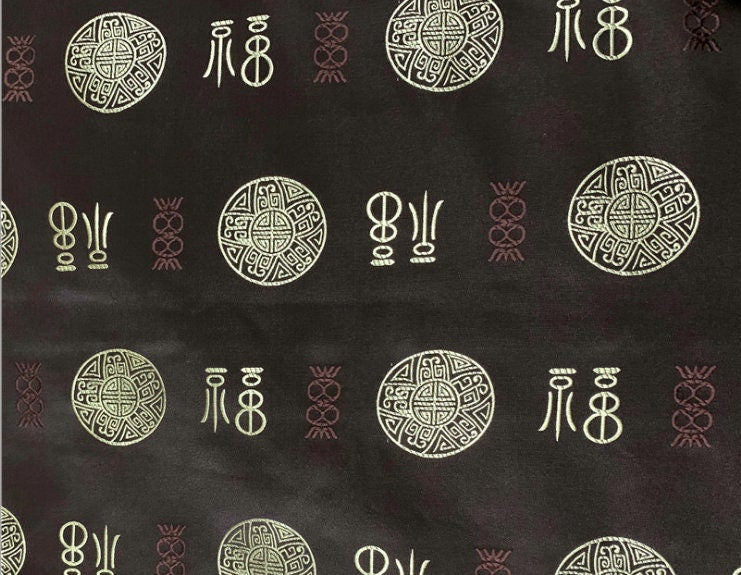 Chinese Brocade Fabric: Lucky Fu Calligraphy Silk Rayon Blend