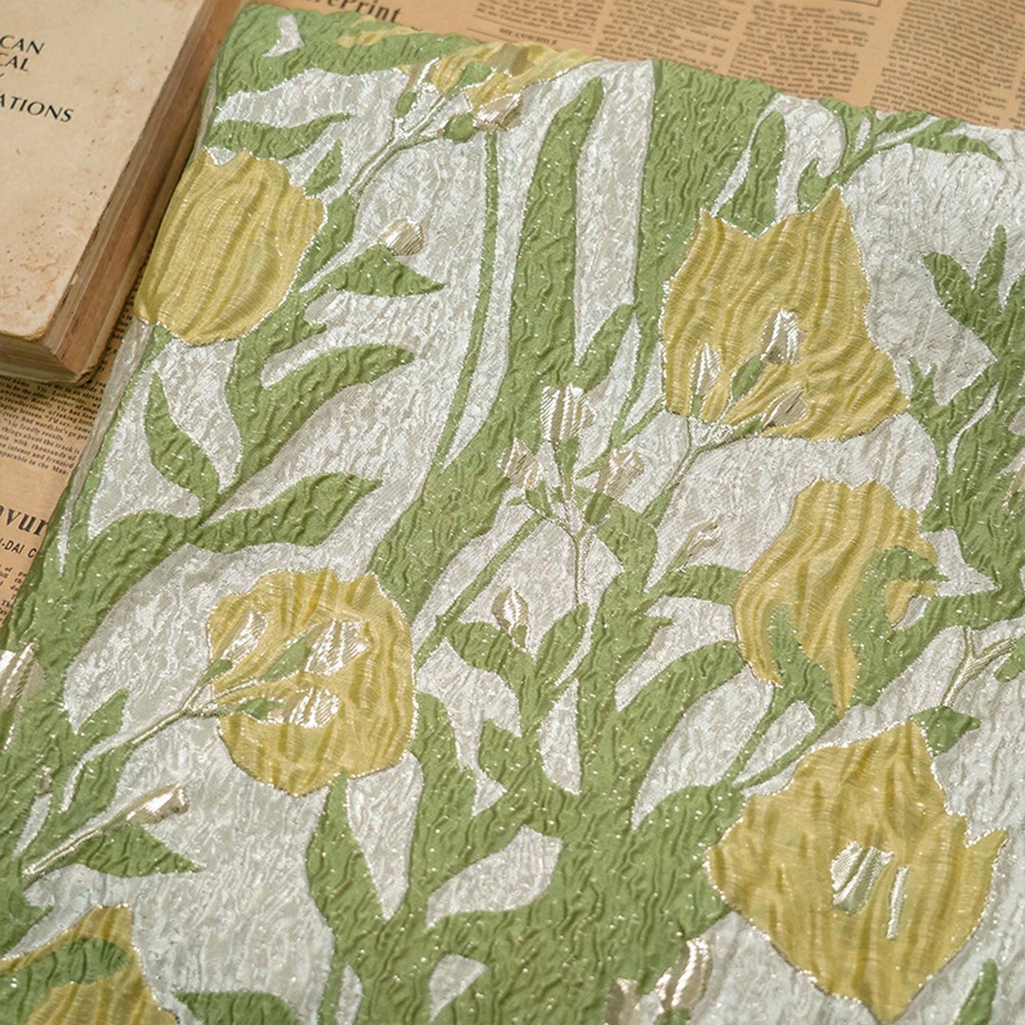 Floral Jacquard Fabric: Gold Thread 3D Texture, 55" Wide