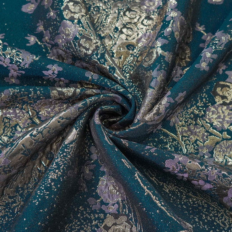 Gold Thread Jacquard Fabric: Dark Green 3D Style (59"W)