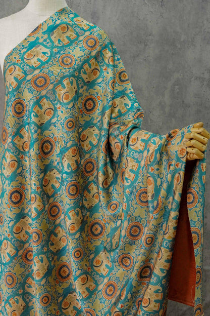 Lucky Elephant Tea Silk Satin Fabric: 59"W Green Upholstery