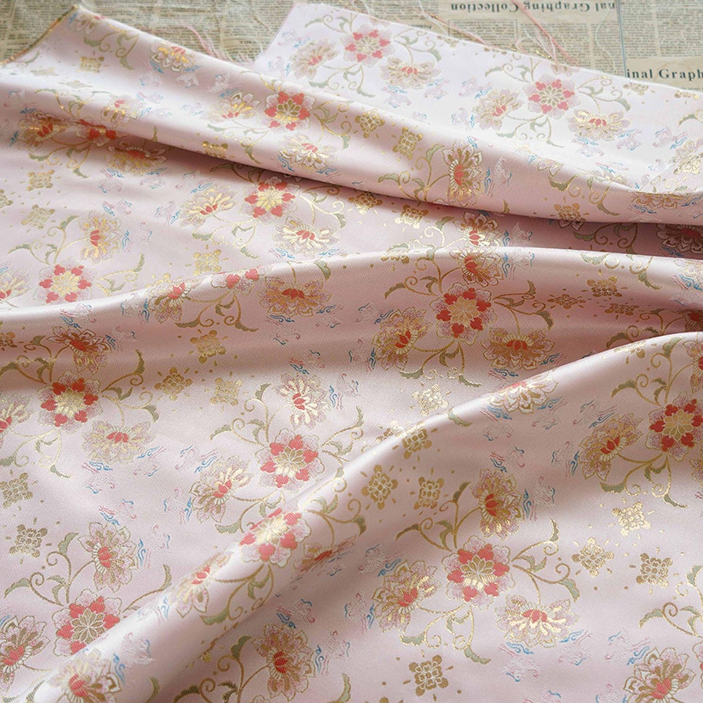 Gold Thread Jacquard Fabric: Pink 3D Flower Designer Fabric, 62"W