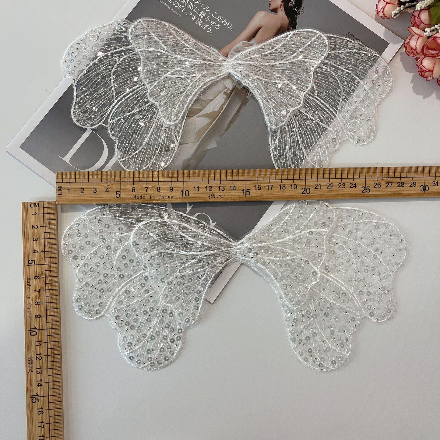 Butterfly Embroidered Lace Trim: Light Ivory Sequins, Bridal Wedding Veil (By Pair)