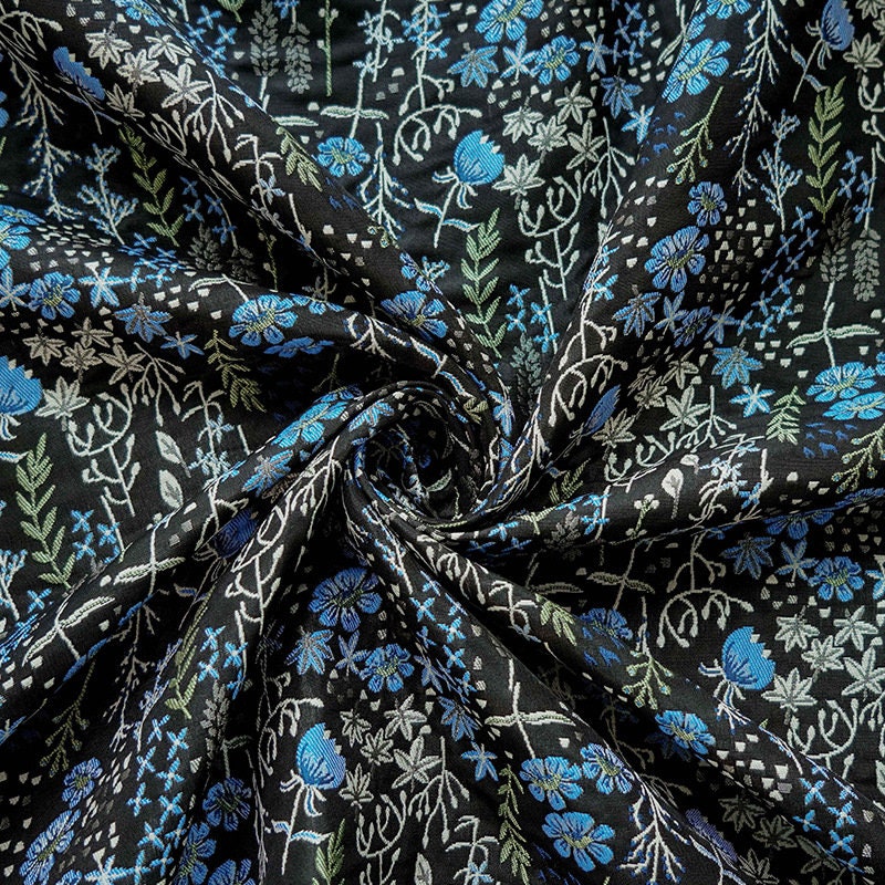 Blue Flower Jacquard Fabric: 3D Relief Polyester, 57" Wide