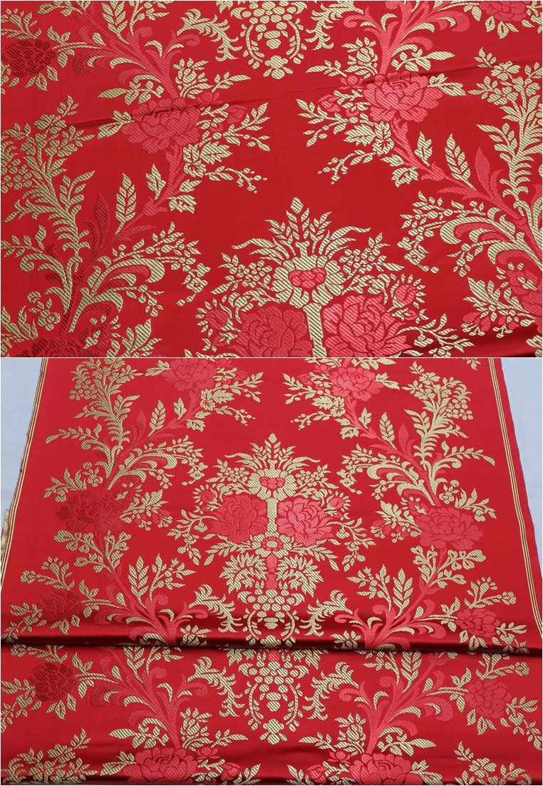 Red and Gold Peony Silk Brocade Fabric: 29.5"W Wedding Upholstery
