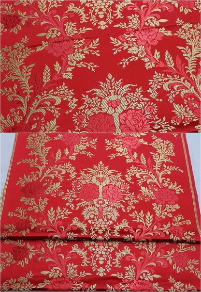 Red and Gold Peony Silk Brocade Fabric: 29.5"W Wedding Upholstery