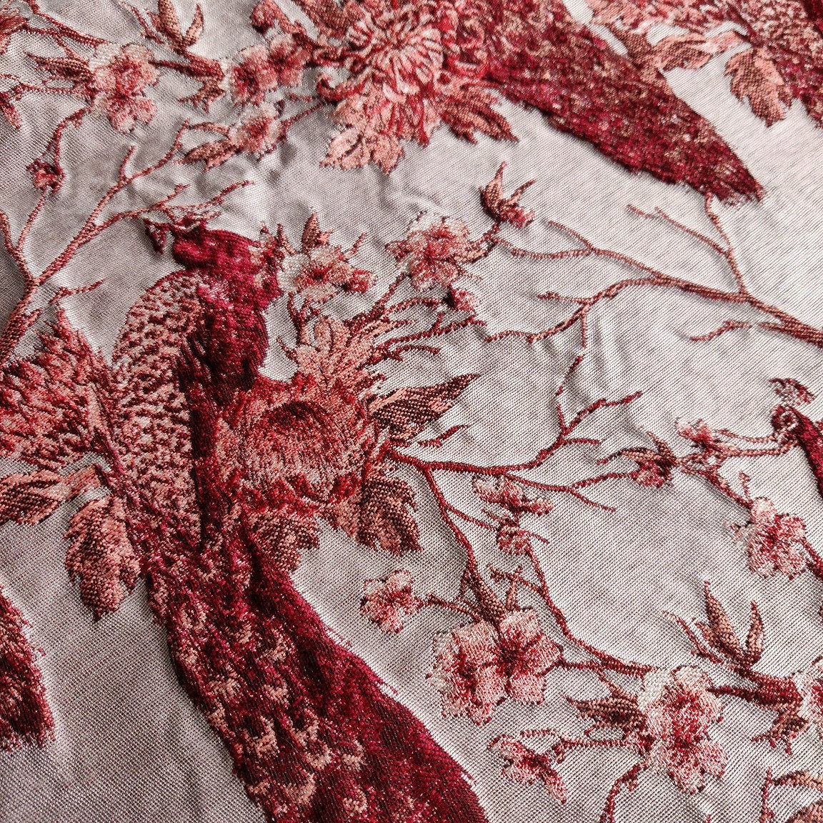 Red Peacock Jacquard Fabric: Embossed Woven Upholstery, Costume, Decor - 56"W