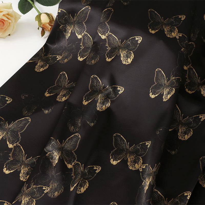 Gold Butterfly Tea Silk Satin Fabric: 59"W Digital Print, Costume & Decor