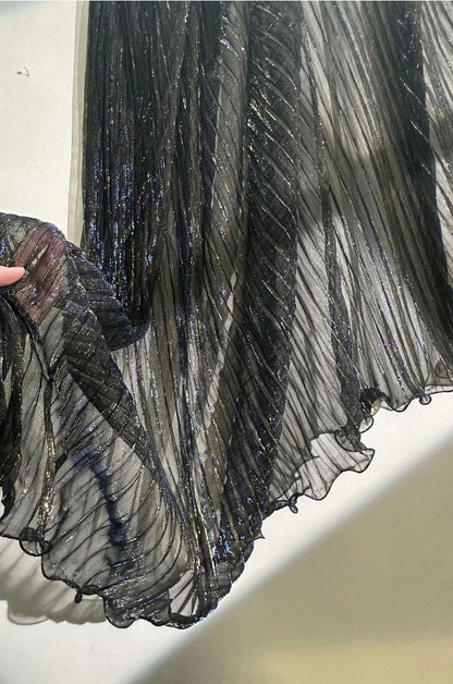Blue Gold Glitter Pleated Organza Mesh Fabric, 59"W, Shiny Sheer