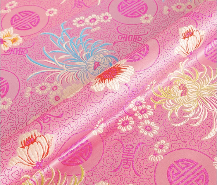 Chrysanthemum Brocade Fabric: Red & Yellow Floral Damask (29.5"W)