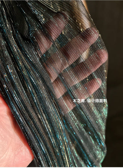 Peacock Blue Glitter Pleated Mesh Fabric, 59" Wide, Stiff Organza