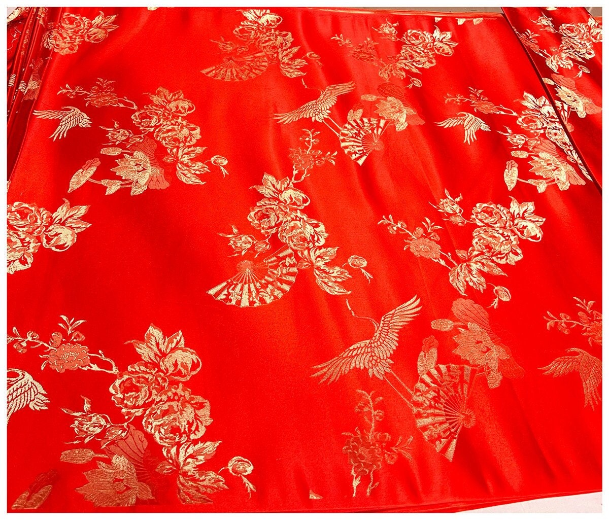 Crane Jacquard Satin Fabric: Red Bird Pattern, 29" Wide, By The Meter