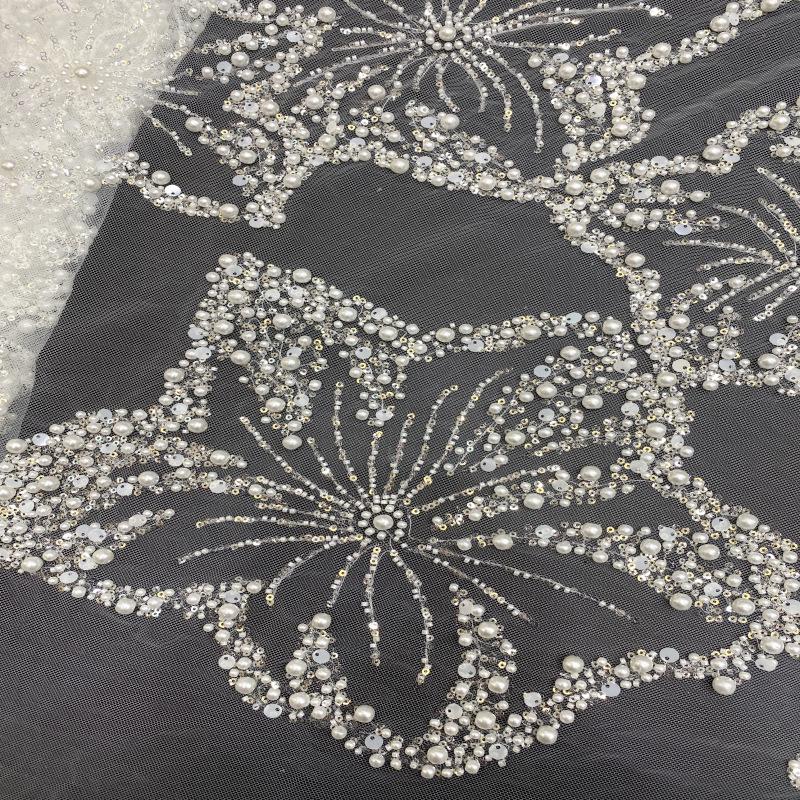 Pearl & Sequin Embroidered Fabric ��� 4/6/8mm Beads, Luxury Bridal Gown Material, Wedding Dress, Couture Sewing, High-End Fashion Fabr"W