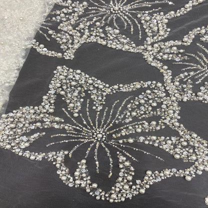 Pearl & Sequin Embroidered Fabric ��� 4/6/8mm Beads, Luxury Bridal Gown Material, Wedding Dress, Couture Sewing, High-End Fashion Fabr"W