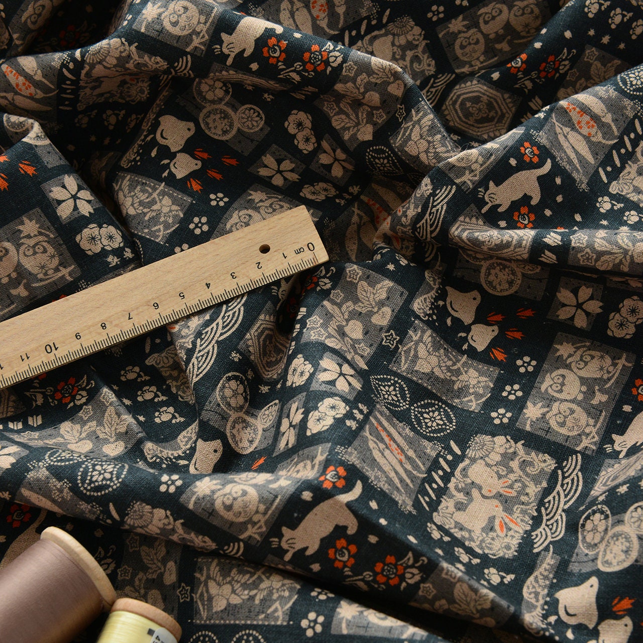 Japanese Cotton Linen Fabric: Patchwork Print for Sewing & Upholstery