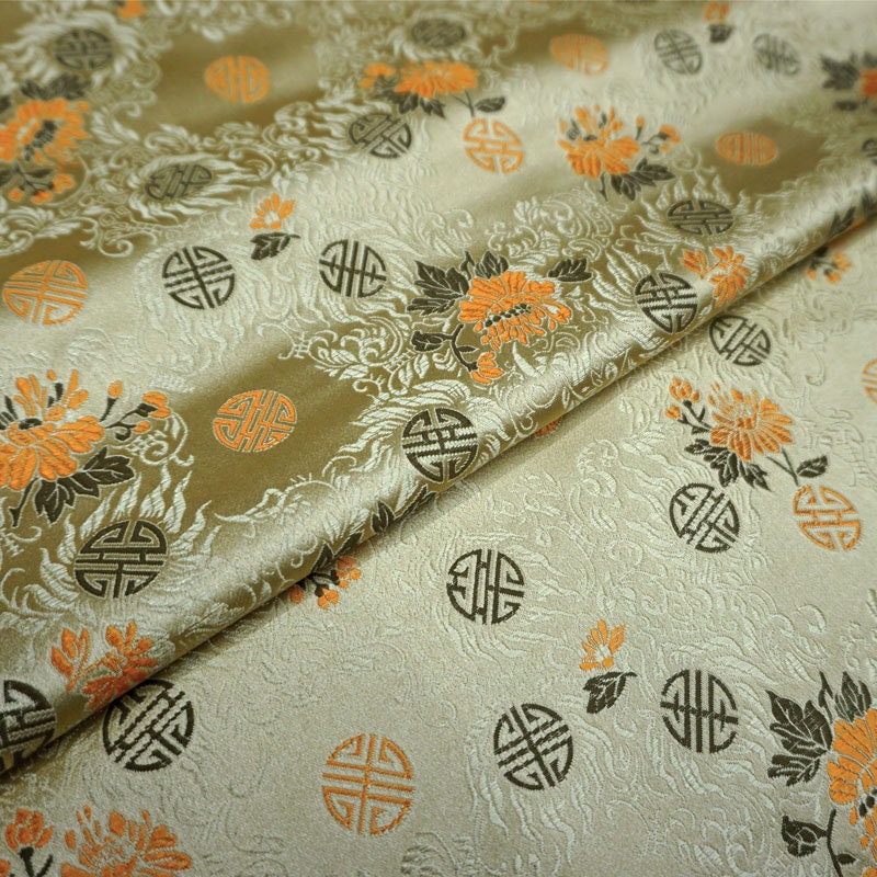 Tissu brocart chinois rouge et or | Motif Fu et Shou, 75 cm de large