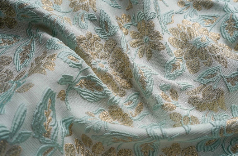 Gold Thread Floral Jacquard Fabric: Mint Green 3D Texture (55" W)