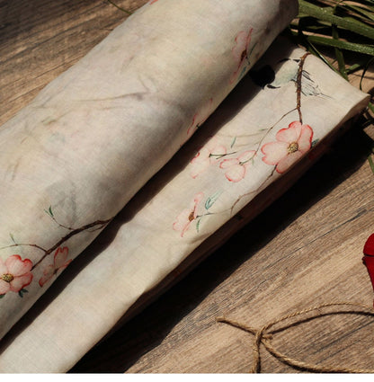 Tissu ramie au mètre : imprimé floral et oiseaux, textile doux et respirant