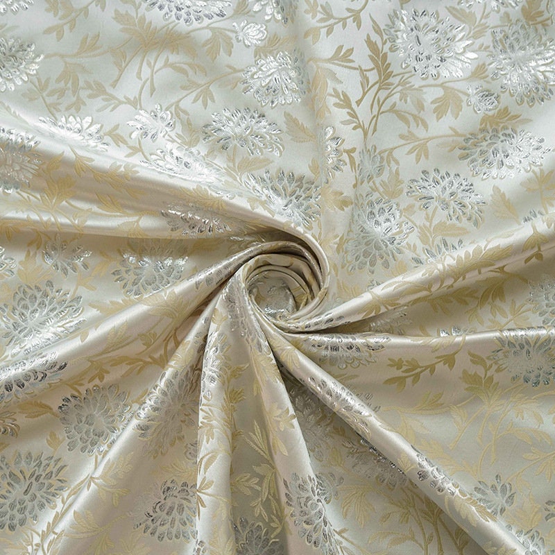 Reversible Floral Jacquard Fabric: Gold Thread Embossed Weave, 65" Wide