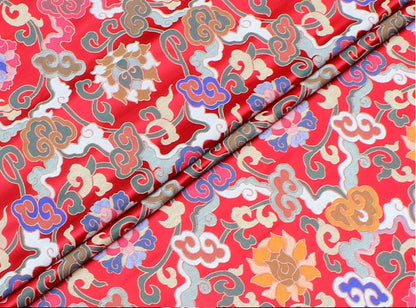 Tissu brocart de lotus tibétain : broderie satinée rouge, 71 cm de large
