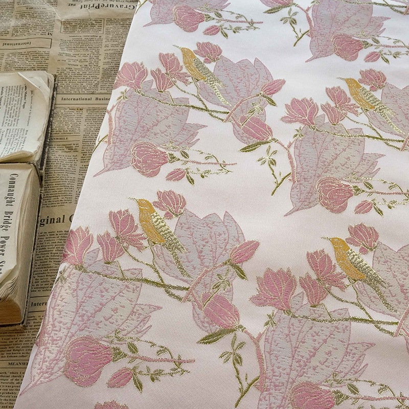Pink & Gold Bird Brocade Fabric: 59"W Silk Rayon Blend