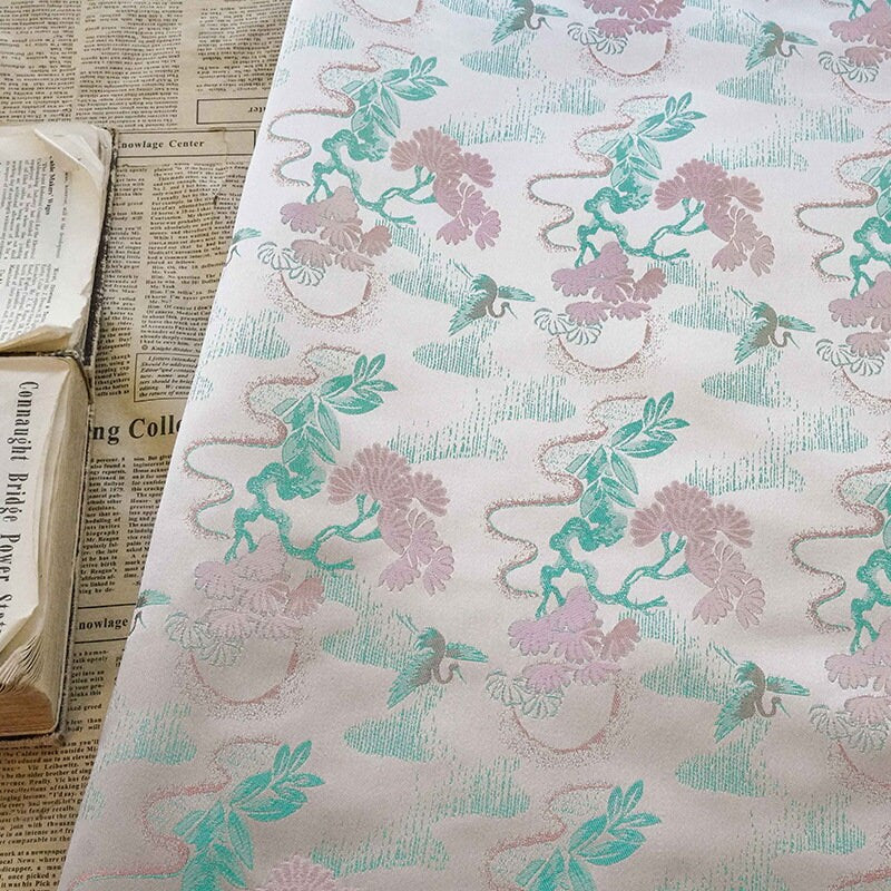 Beige Song Brocade Fabric: Wishful Crane Pattern Silk Rayon