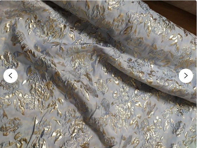 Blue Dandelion Jacquard Fabric: Lurex Woven with Gold, 56" Wide