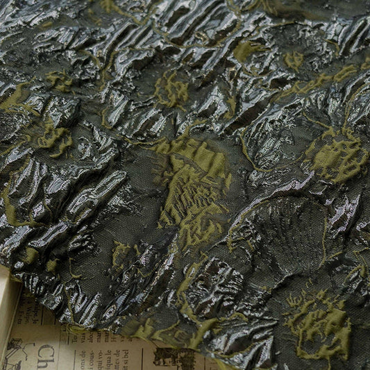 Dark Green Jacquard Fabric, Gold Thread 3D Embossed Texture, 55" Wide