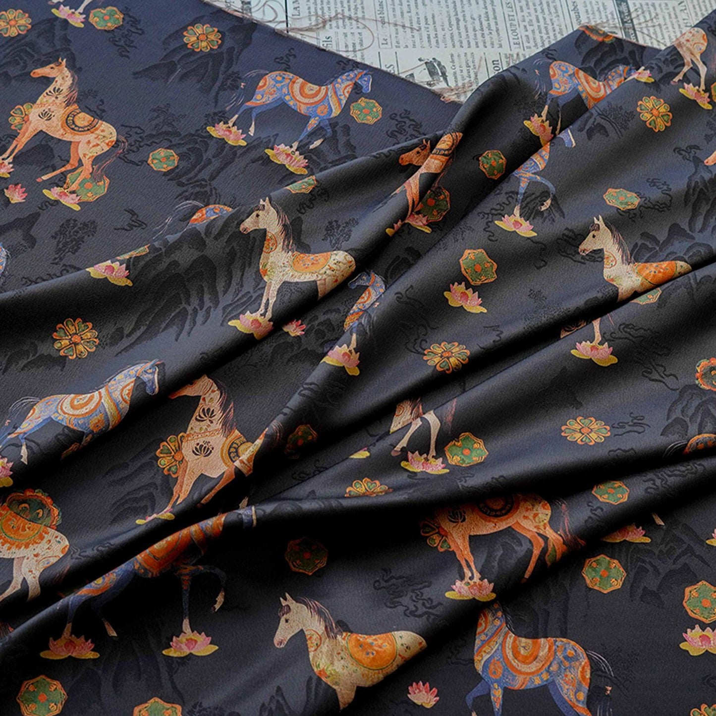 Horse Jacquard Tea Silk Fabric, Chinese Symbolic Textile, 59"W