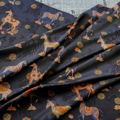 Horse Jacquard Tea Silk Fabric, Chinese Symbolic Textile, 59"W