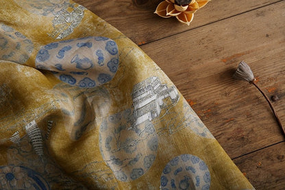 Ancient Building Print Ramie Fabric: Natural Fiber Sewing Material