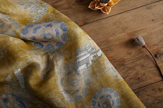 Ancient Building Print Ramie Fabric: Natural Fiber Sewing Material