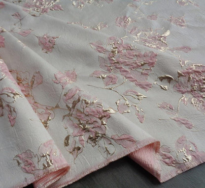 Pink Peony Gold Foil Jacquard Fabric: Chenille Upholstery, Quilting - 56"W