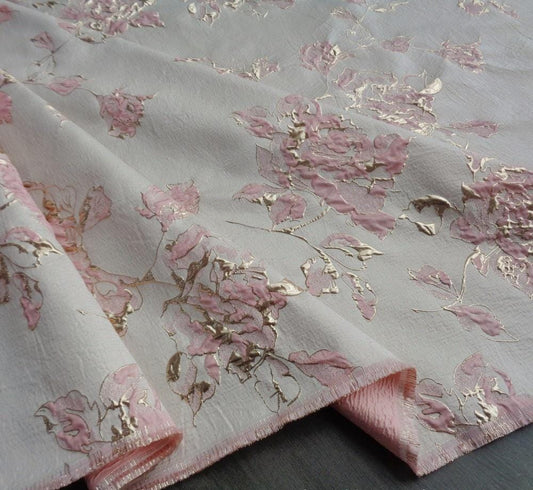 Pink Peony Gold Foil Jacquard Fabric: Chenille Upholstery, Quilting - 56"W