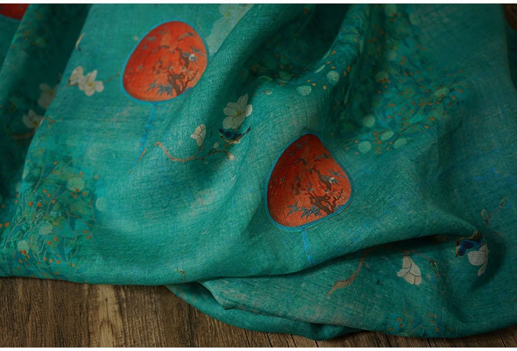 Jade Green Ramie Fabric: Floral Cheongsam Qipao Textile, 55"W