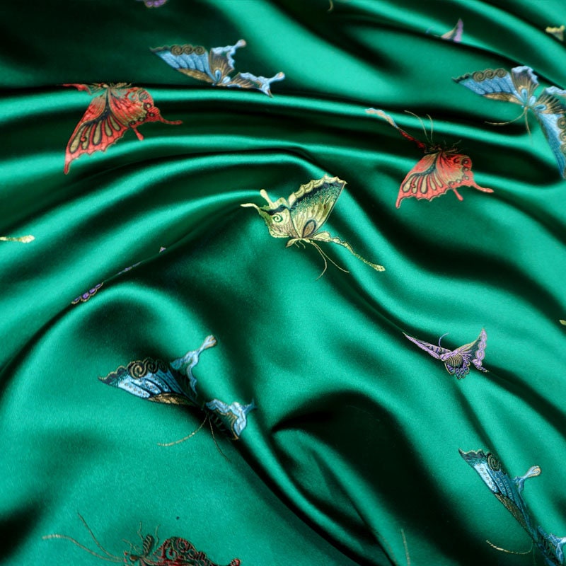 Black Silk Brocade Fabric: Butterfly Floral Jacquard (45"W)