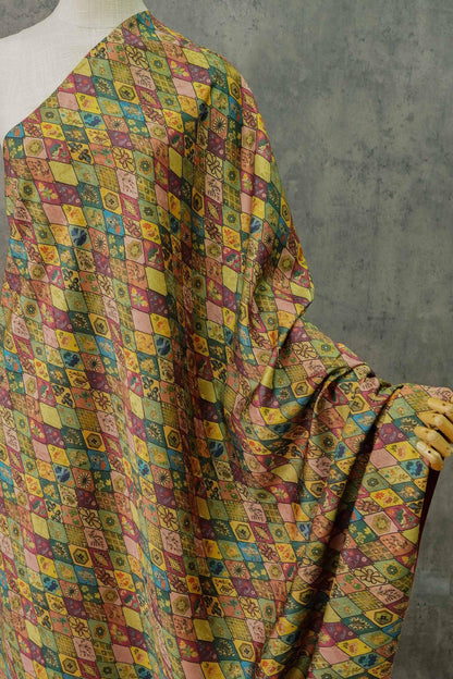 Floral Diamond Tea Satin Fabric, Dark Green Digital Print, 59" Wide