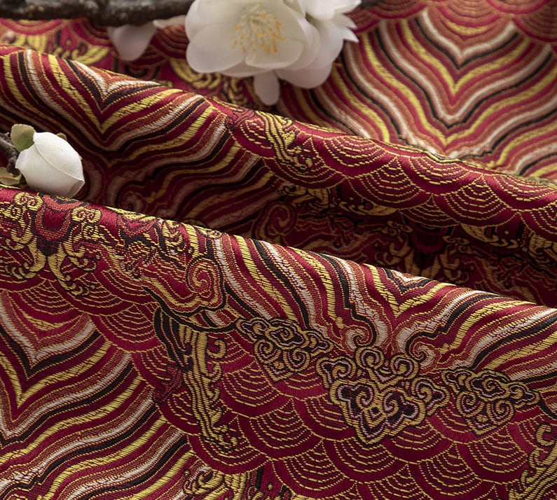 Tissu brocart jacquard à motif vagues océaniques : mélange de rayonne et de soie de 150 cm de large
