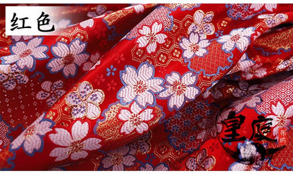 Japanese Cherry Blossom Jacquard Brocade Fabric: Red & Gold Silk Rayon Blend