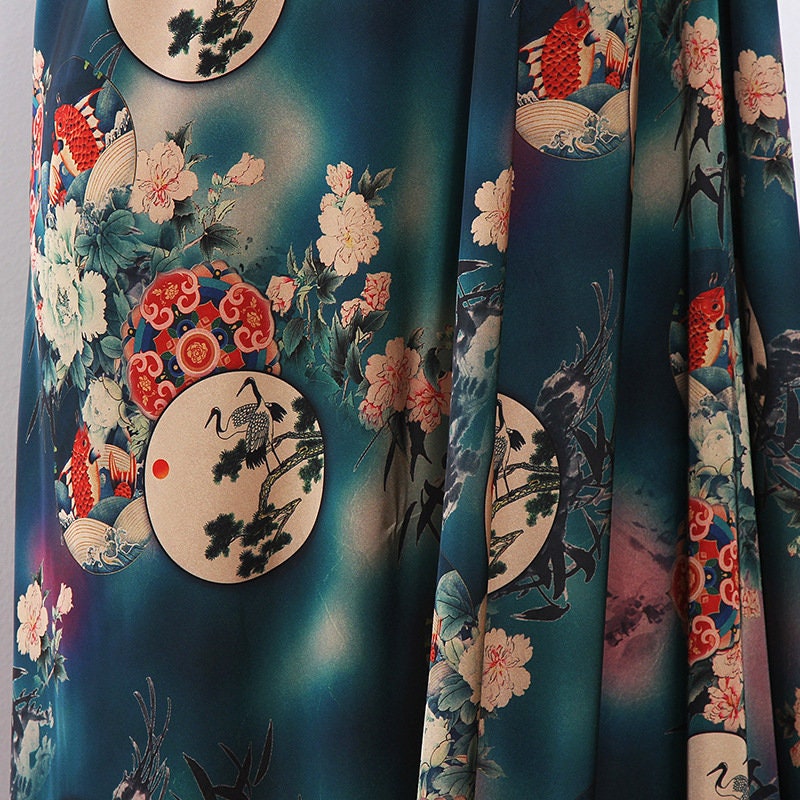 Jade Green Tea Silk Satin Fabric: Floral Crane Print, 59" Wide