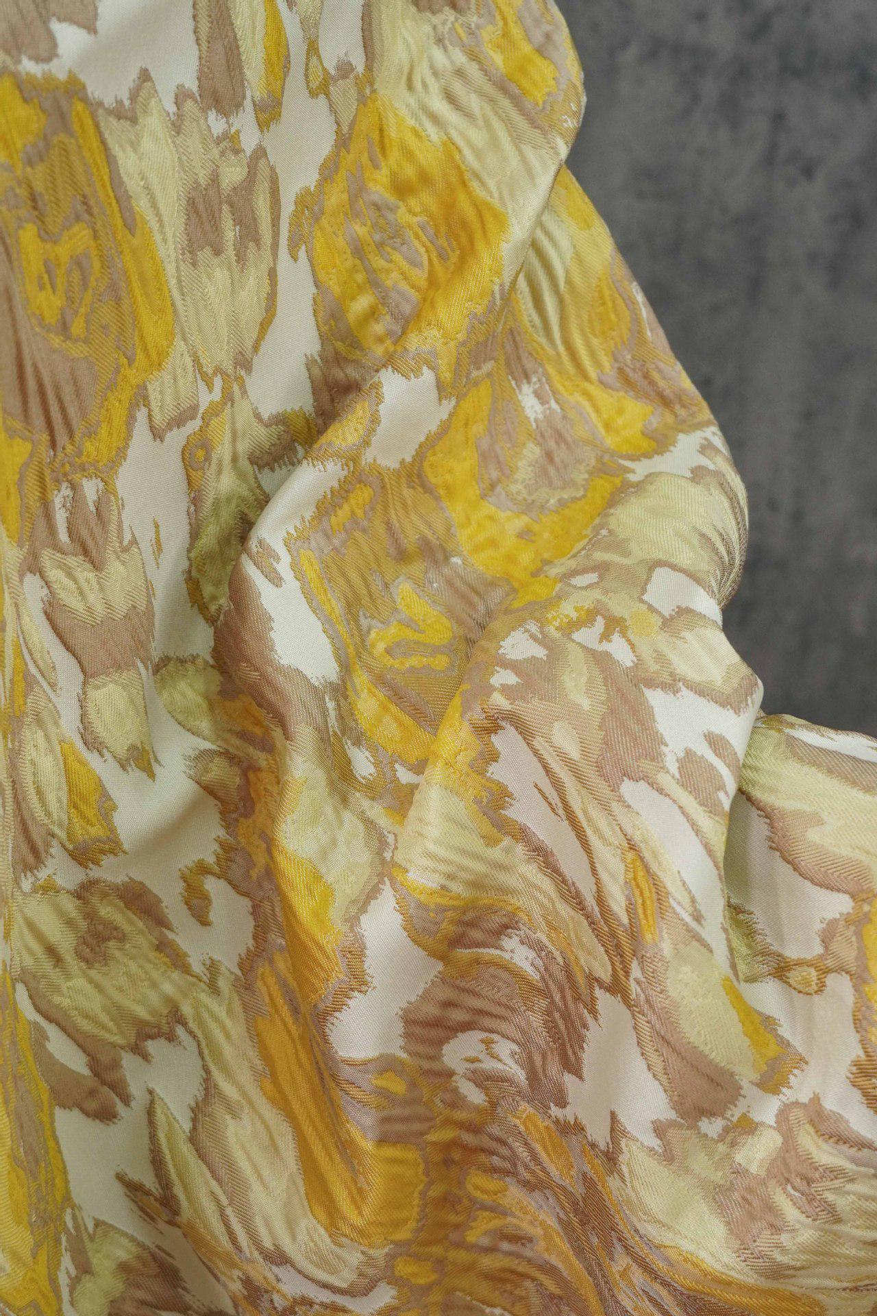 Tissu jacquard gaufré : motif à blocs jaune-brun, 140 cm de large