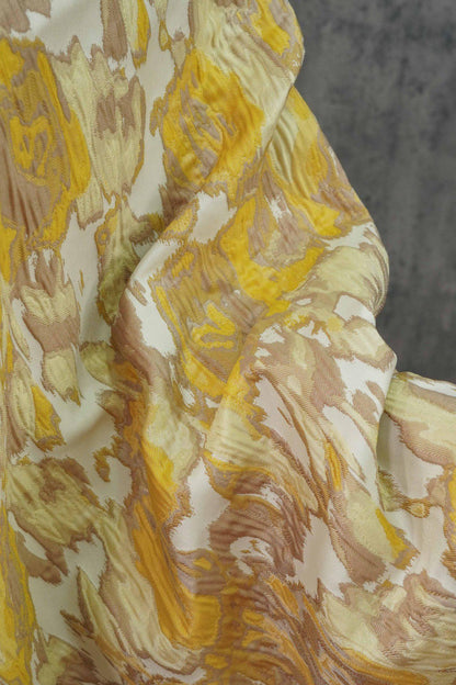 Tissu jacquard gaufré : motif à blocs jaune-brun, 140 cm de large