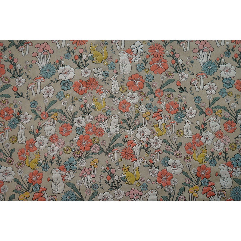 Rabbit & Mushroom Jacquard Fabric: Embossed Upholstery, 57"W