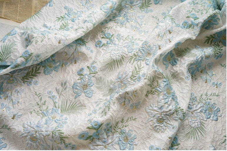 Gold Thread Floral Jacquard Fabric: 3D Texture, 55" Wide